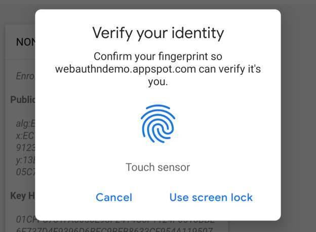 Экран браузера Chrome с запросом подтверждения отпечатка пальца на устройстве Samsung Galaxy S21 для проверки личности