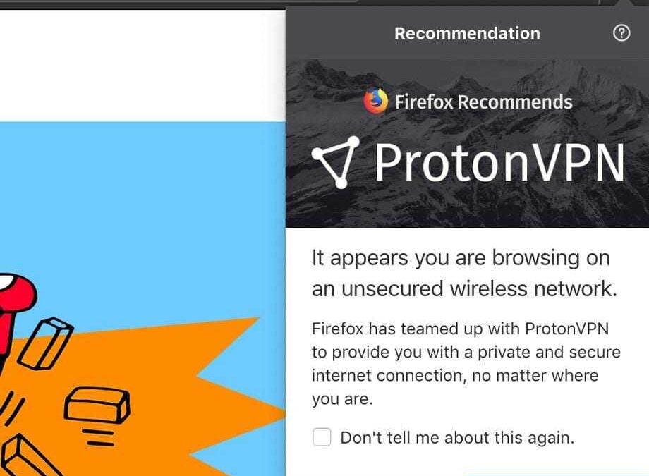 Окно уведомления ProtonVPN на фоне браузера Firefox
