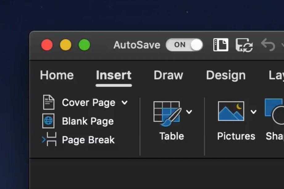 Часть окна PowerPoint на macOS Mojave с вкладкой Вставка