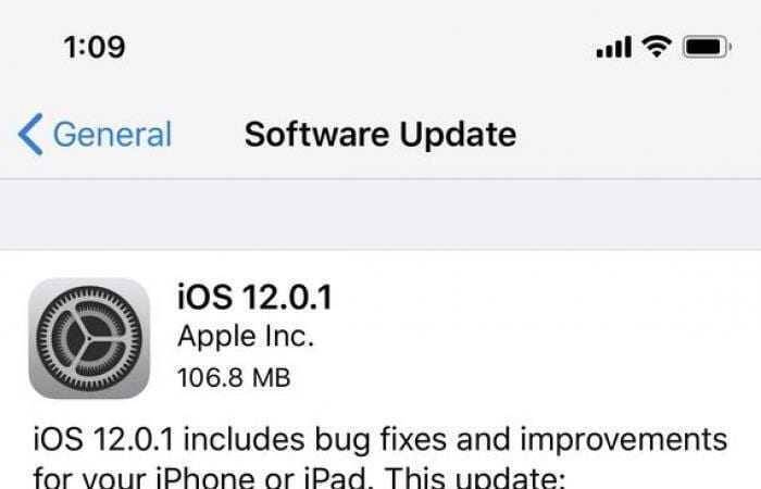 Экран iPhone с номером версии iOS 12.0.1 и обновлением размера файла