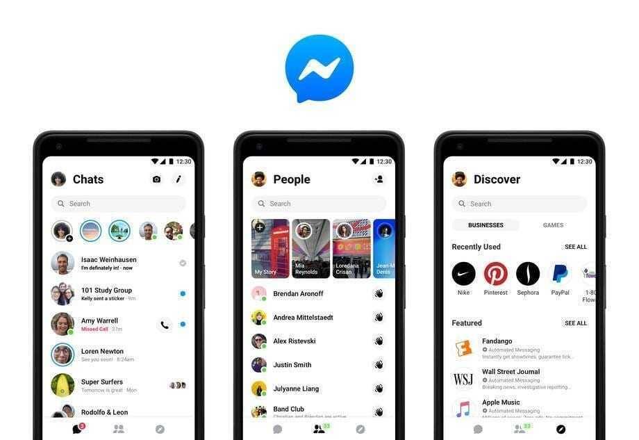Экран смартфона Pixel с интерфейсом Messenger и функциями поиска и обнаружения