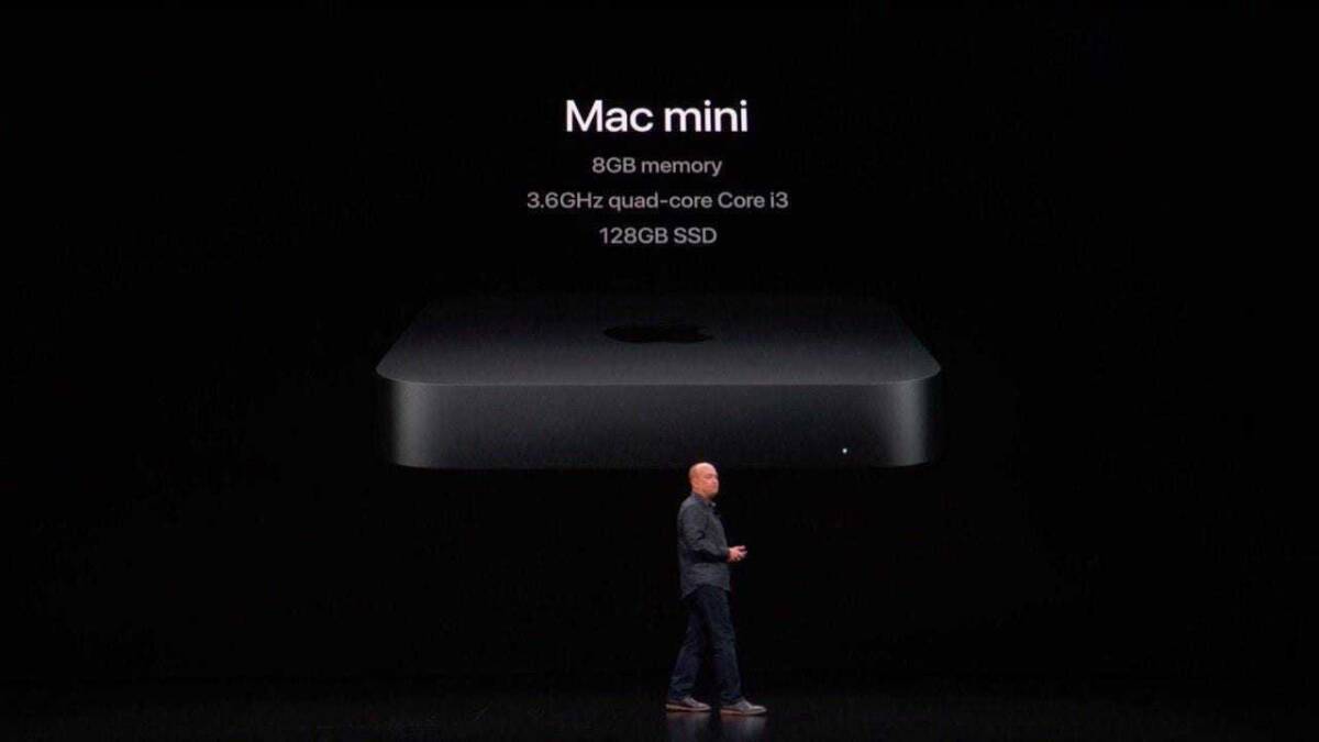 Apple Special Event: обновлённый Mac Mini 2018 3 Презентация нового Mac mini с указанием характеристик на фоне сцены
