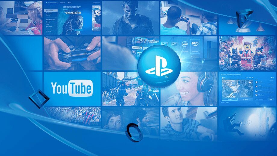 Общее изображение логотипа PlayStation на фоне интерфейсов и геймерских сцен
