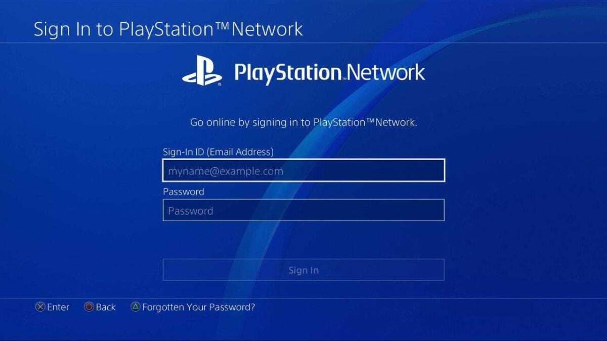 Экран входа в сеть PlayStation с полями для электронной почты и пароля