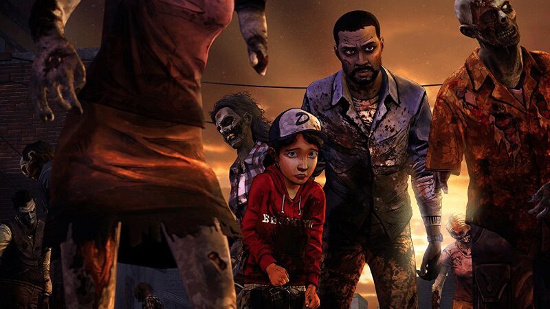 Зомби и выжившие на фоне закатного неба в игре Telltale
