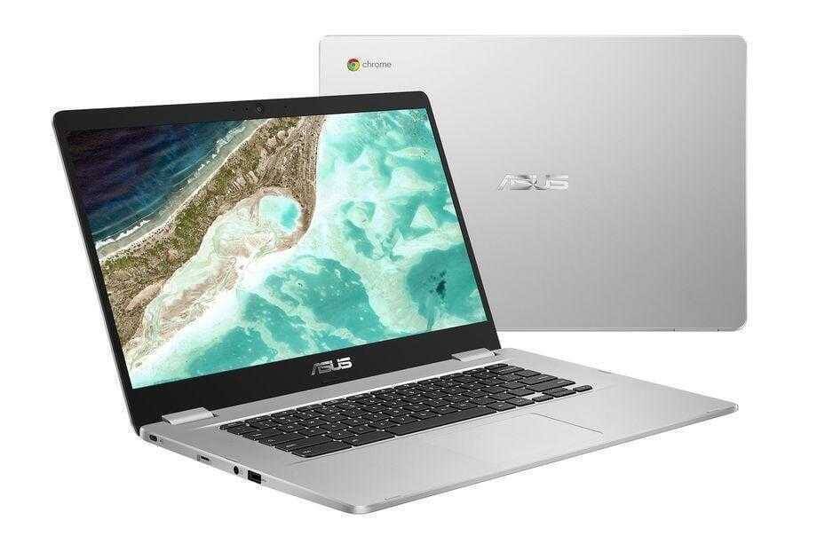 Ноутбук ASUS с серым корпусом и экраном, показывает рабочий стол