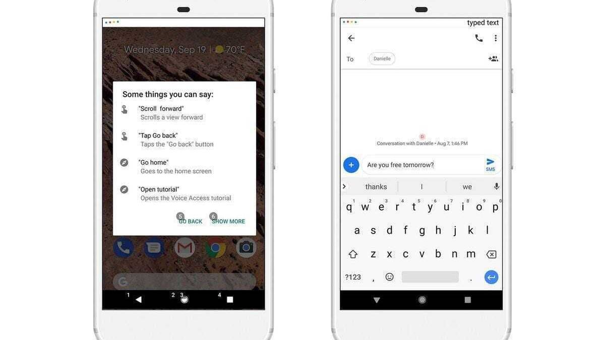 Два смартфона с интерфейсами Google Assistant и текстовыми сообщениями