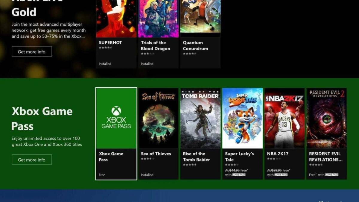 Экран с игорными предложениями и сервисом Xbox Game Pass