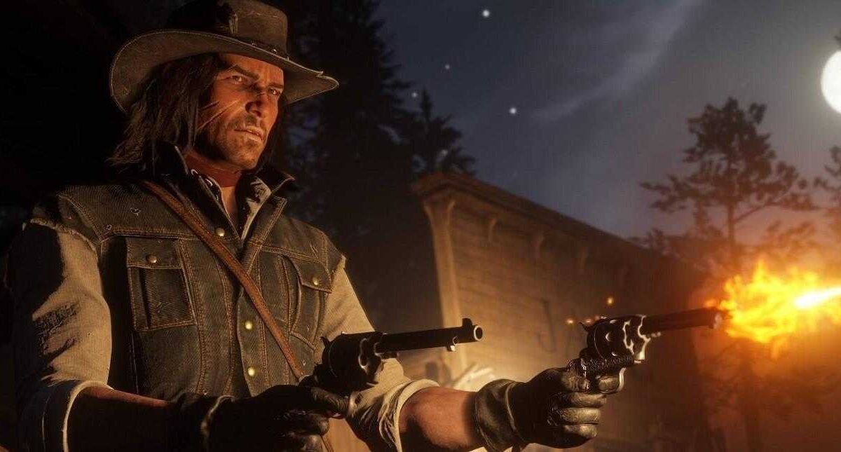 Персонаж в ковбойской шляпе и кожаном жилете стреляет из пистолета в ночной сцене