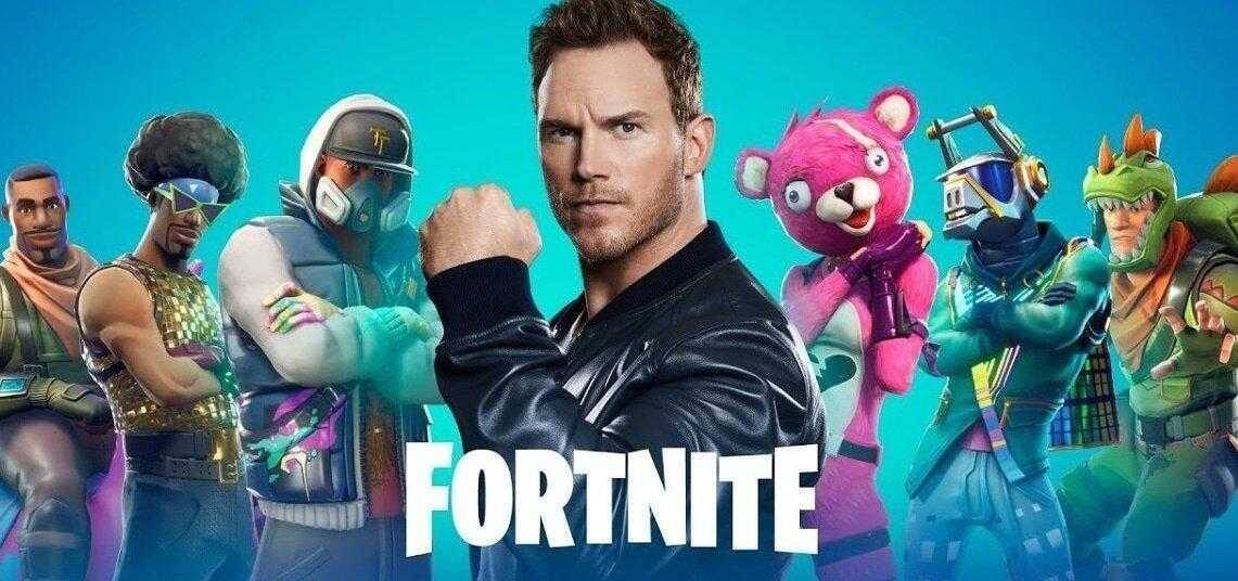 Крис Пратт и персонажи Fortnite на фоне яркого синего фона