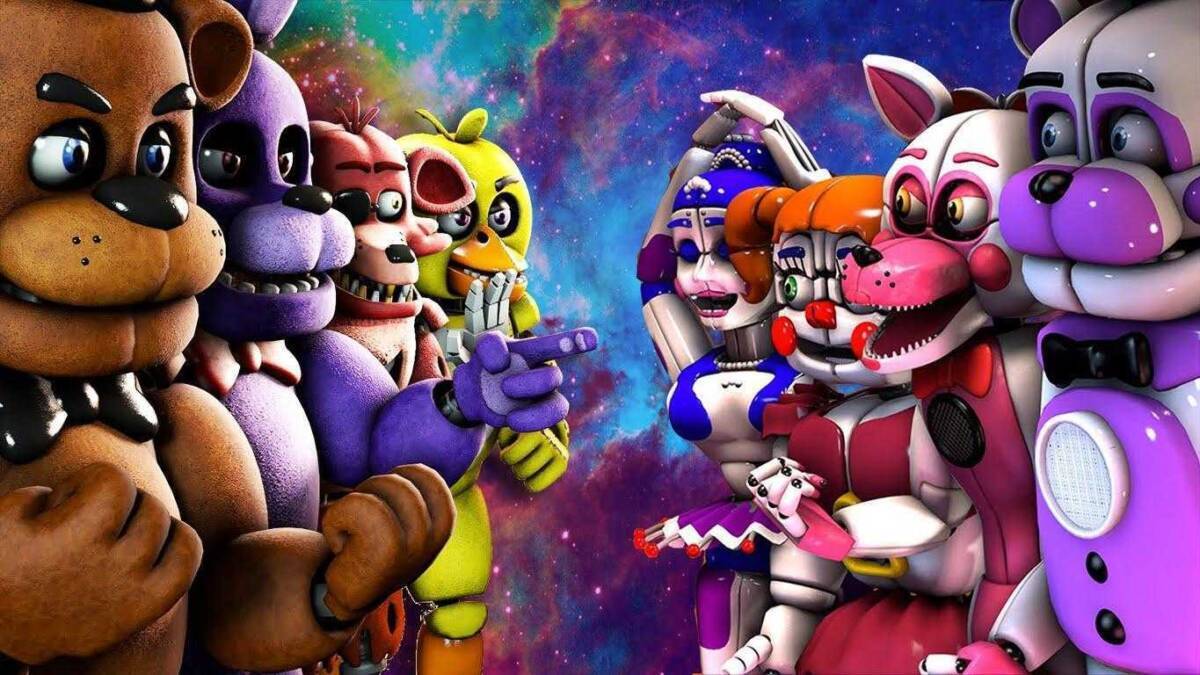 Групповая сцена аниматронных персонажей из Five Nights at Freddy's