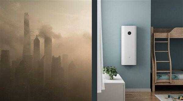 Современный очиститель воздуха Xiaomi Mi Air Purifier на стене в комнате