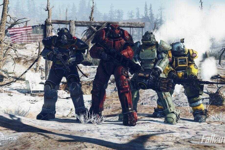 Герои в броне в зимнем пейзаже Fallout 76