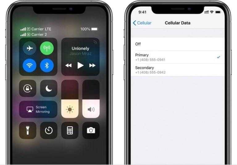 Экран iPhone отображает настройки мобильных сетей с двумя номерами