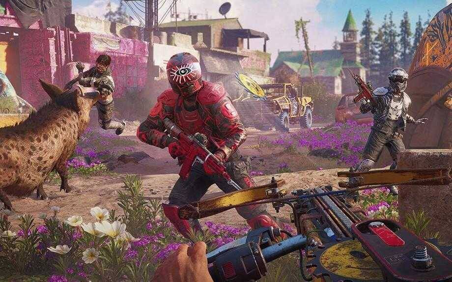 Первый человек с пистолетом в руке и изображение оружия на экране в Far Cry New Dawn