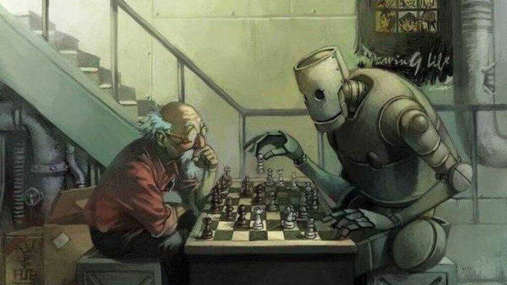 Робот и человек за шахматной доской в комнате
