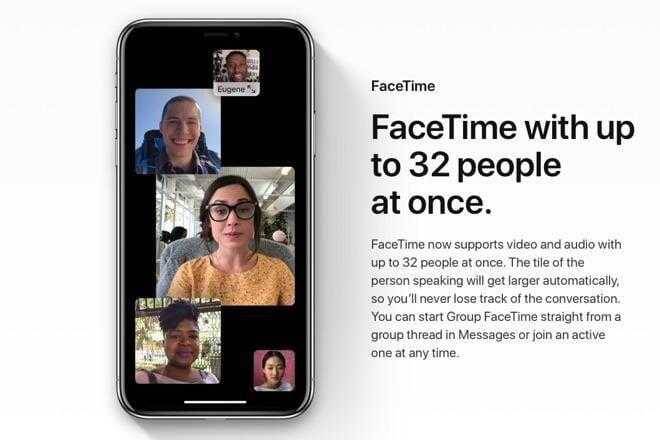 Экран iPhone с видеозвонками FaceTime и групповой перепиской