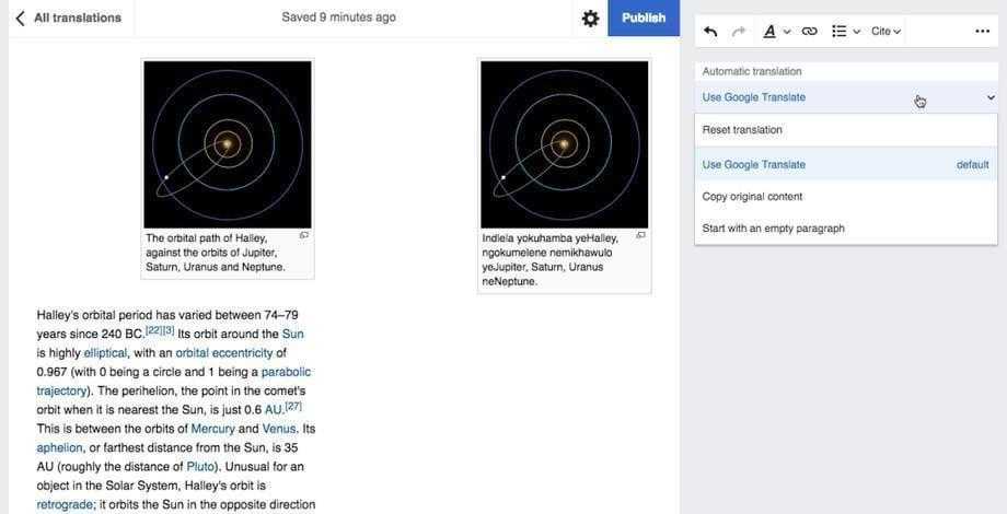 Wikipedia воспользуется возможностями Google Translate 2 Content translation screenshot.png 1
