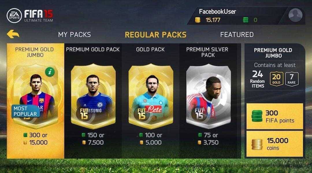 Экран FIFA 15 Ultimate Team с выбором премиум пакетов для Xbox