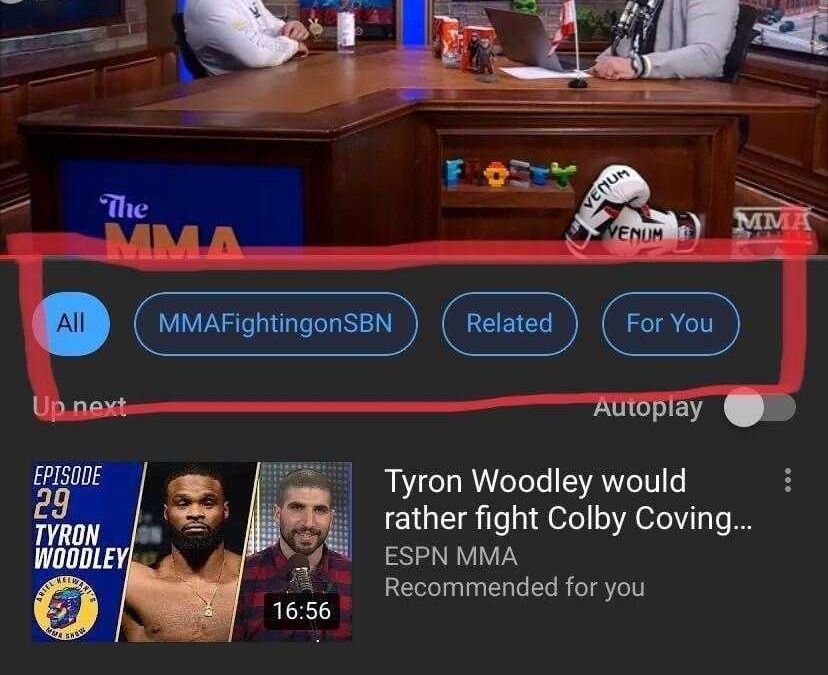 Экран YouTube с фильтром и обсуждением MMA и новостями о Тыроне Вудли