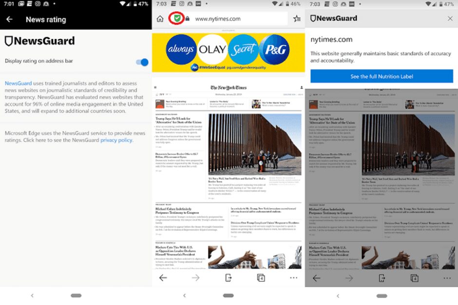 Microsoft борется с фейковыми новостями в браузере Edge 7 Экран браузера Microsoft Edge с рейтингом новостей на сайте NY Times