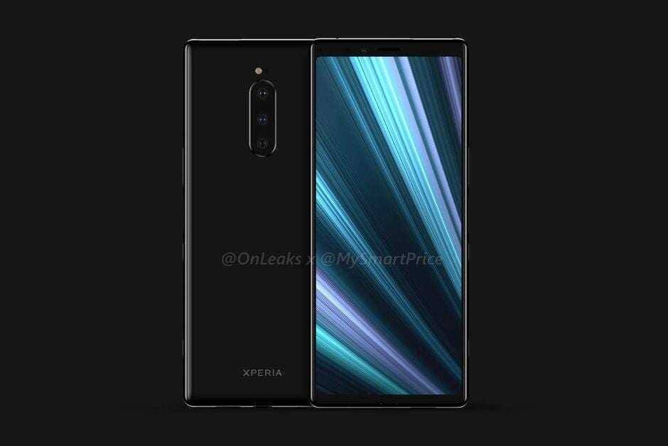 Симметричный черный смартфон Xperia XZ4 с тремя камерами сзади и большим дисплеем спереди