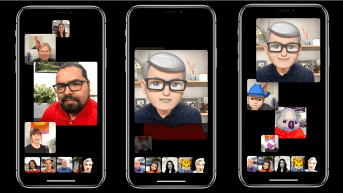 Отключите FaceTime прямо сейчас 3 Три экрана iPhone показывают видеозвонки FaceTime с анимационными аватарами и реальными участниками