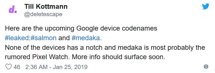 Google делает часы Pixel Watch 5 Твит о кодовых названиях устройств Google с упоминанием Pixel Watch