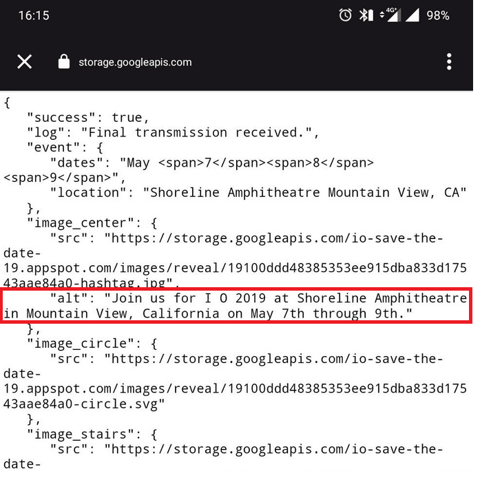 Решение этого пазла говорит о дате и месте проведения Google I/O 2019 3 json