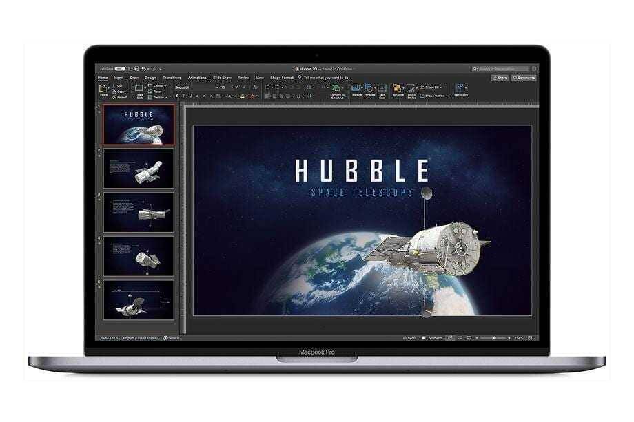 Ноутбук MacBook Pro с запущенным PowerPoint отображением презентации офисных программ