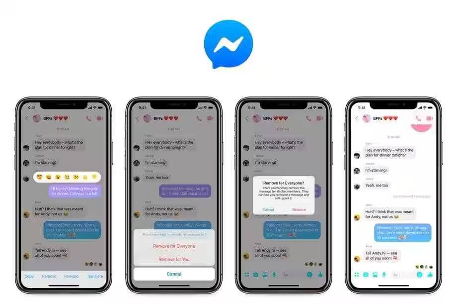 Facebook разрешил удалять сообщения в Messenger 1 Четыре скриншота диалогов в мессенджере Messenger на смартфонах с интерфейсом иконок и текстом