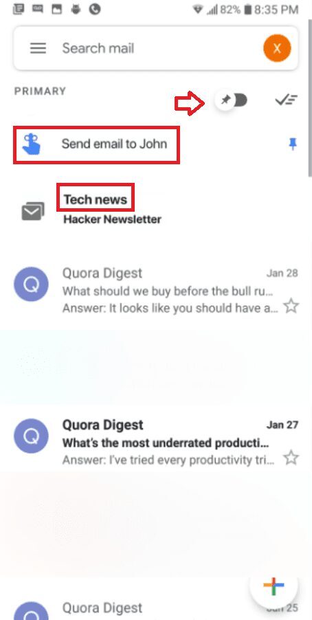 В Gmail будут фишки из Inbox 5 Экран Gmail на смартфоне с выделенными кнопками и письмами