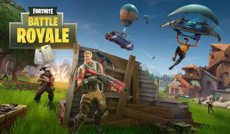 Обзорный изображение игры Fortnite Battle Royale с персонажами и вертолетами на фоне зелёной местности
