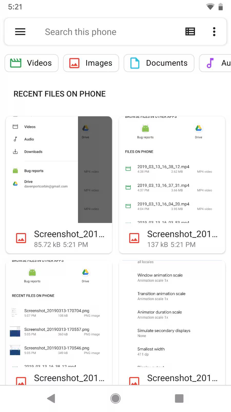 Экран телефона с файлами и изображениями на Android интерфейсе