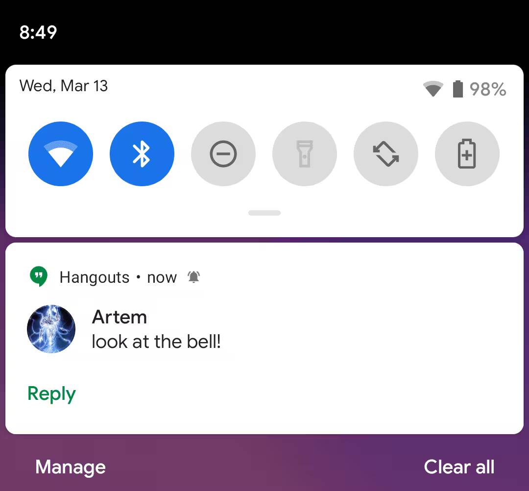 уведомление о сообщении в Google Hangouts на Android с изображением молнии и иконкой профиля Артема