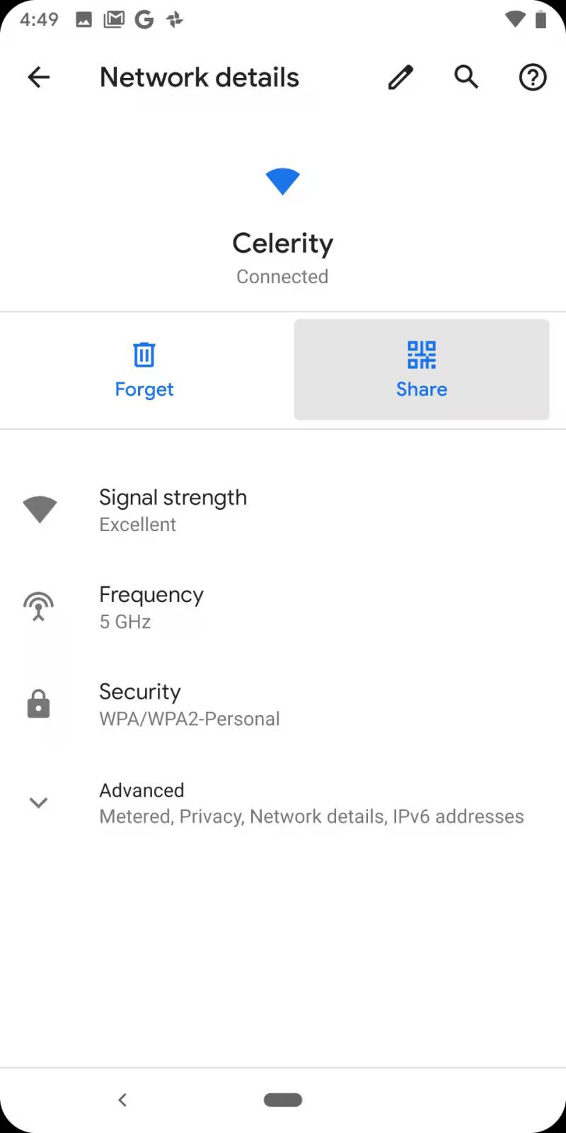 Настройки сети Wi-Fi на смартфоне с информацией о подключении к сети Celerity