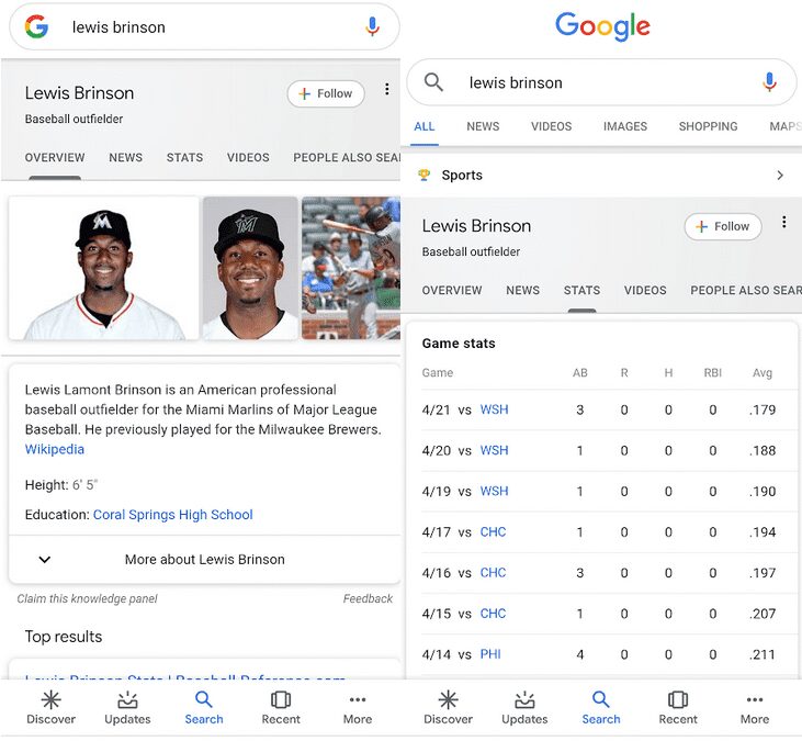 new card for athletes includes a tab to see their latest stats