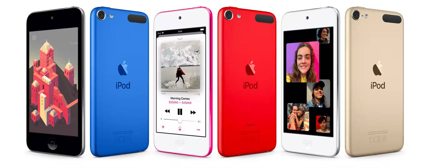 Группа новых iPod touch разных цветов с интерфейсами