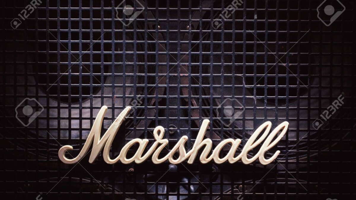 104637979 cacak serbia december 13 2017 marshall logo on old bass speaker with metal net in front of woofers