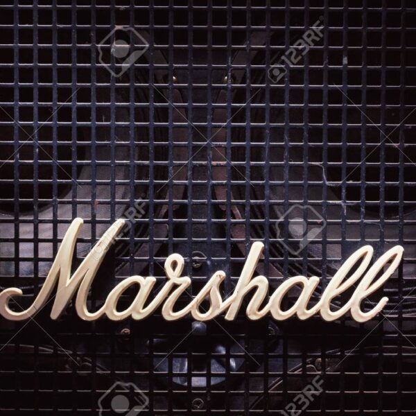 104637979 cacak serbia december 13 2017 marshall logo on old bass speaker with metal net in front of woofers
