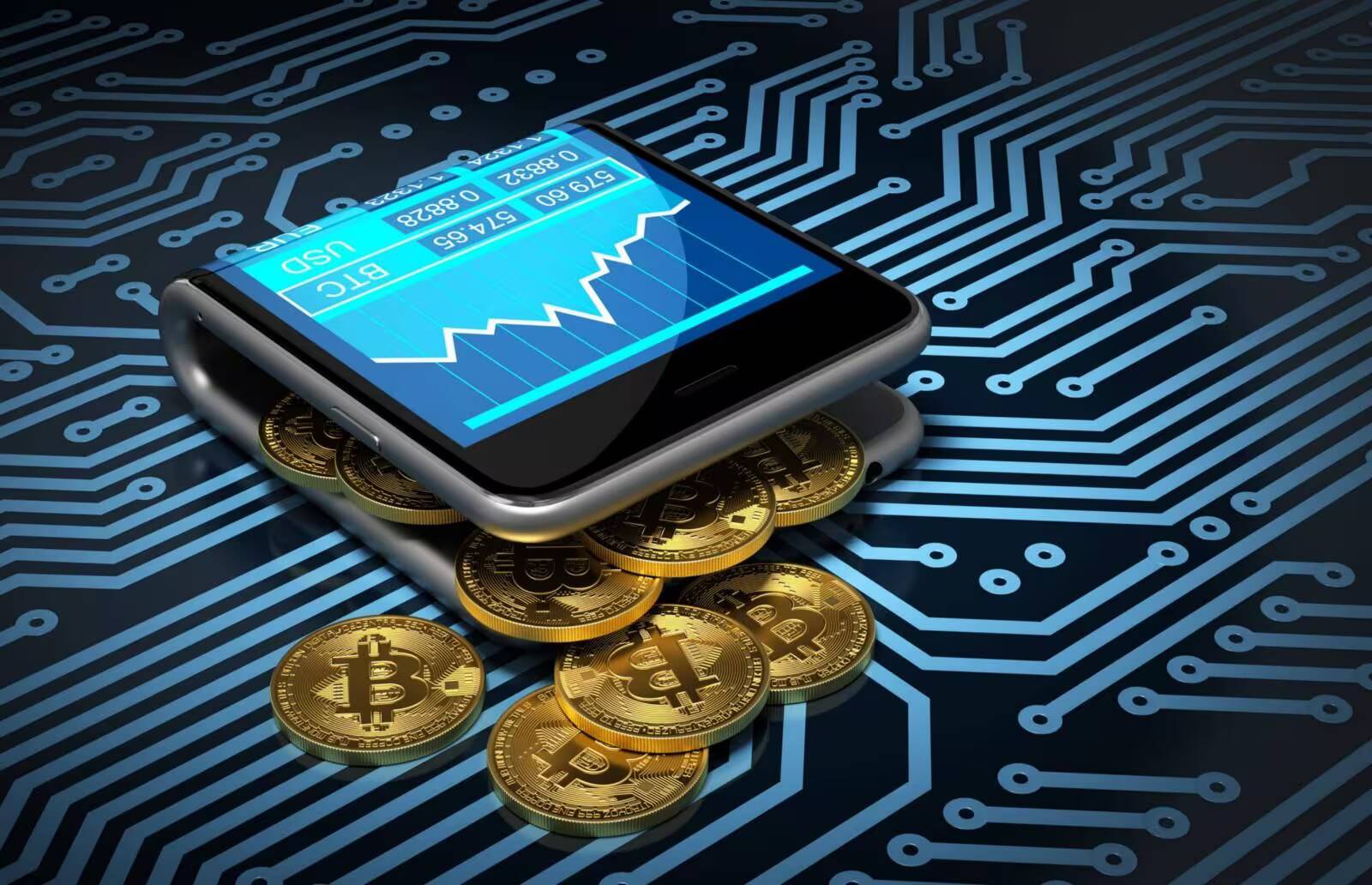Смарт-часы с отображением графика торгов Bitcoin и схемы микросхемы