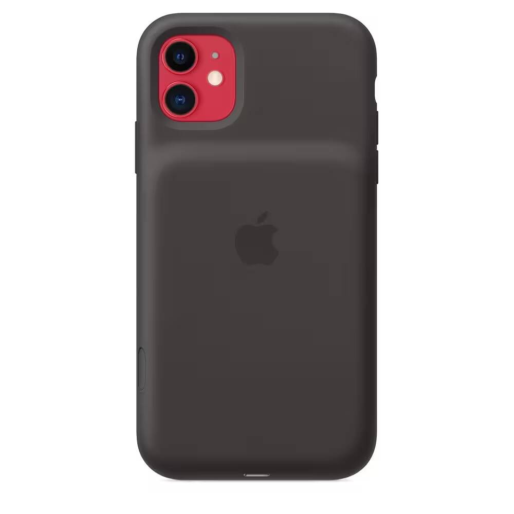 Задняя сторона чехла с аккумулятором для iPhone 11 на черном фоне
