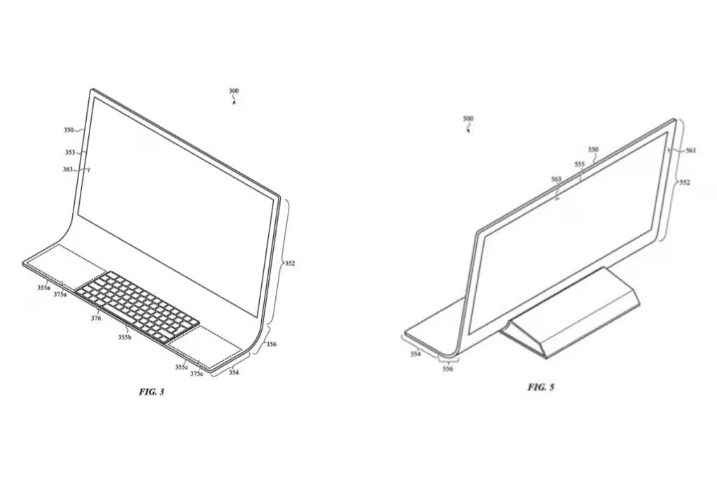 Рисунок гибкого ноутбука Apple с дисплеем и клавиатурой с разных сторон