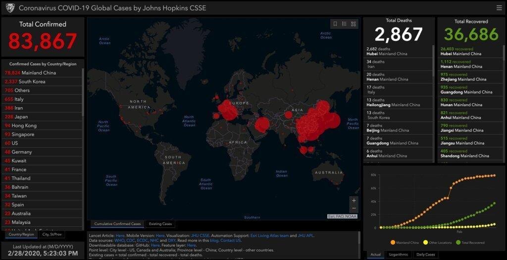 coronavirus covid 19 spread world map feb 28 death toll