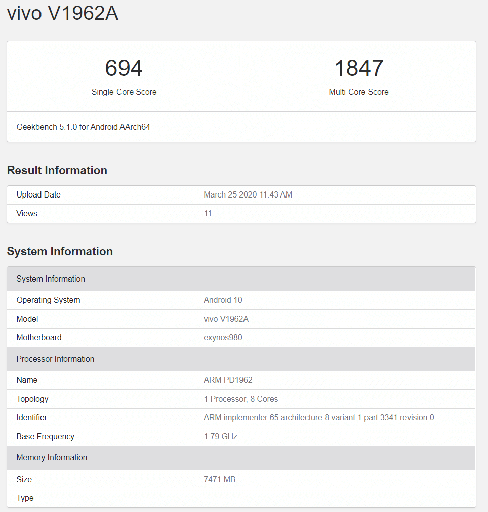vivo s6 5g geekbench