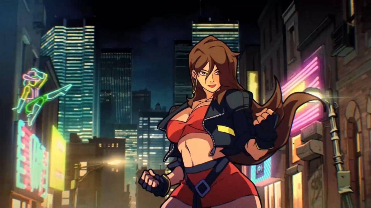 Вторая героиня из игры Streets of Rage 4 в стиле аниме на ночном фоне города с неоновыми вывесками и небоскребами