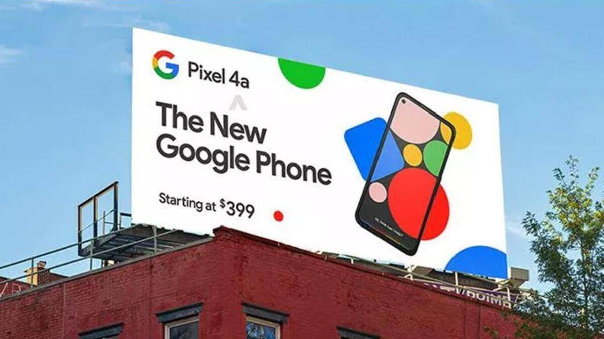 Рекламный щит с изображением Google Pixel 4a и текстом о цене