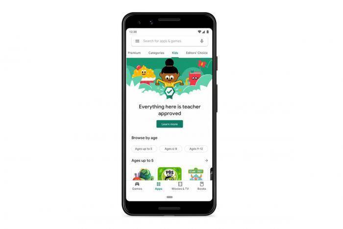 В Google Play Store появился новый раздел для детей 3 Смартфон Google Pixel 5 на экране интерфейса магазина приложений