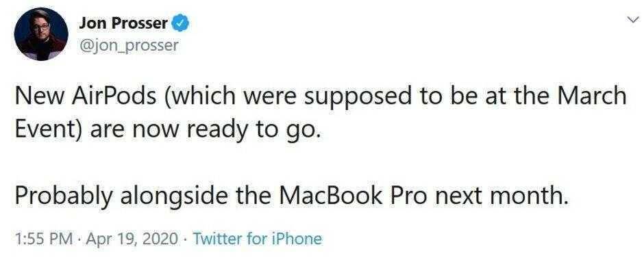 Пост в Твиттере о готовности новых AirPods апрель 2020 года