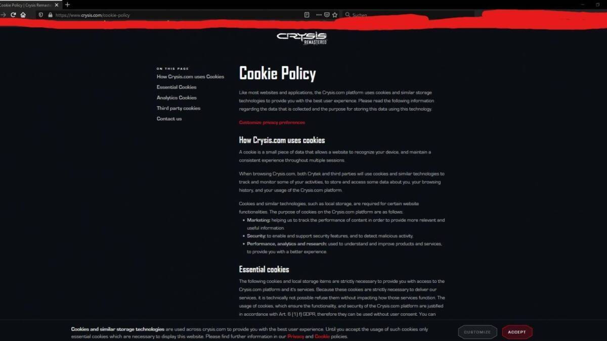 Страница политики cookie на сайте Crysis Remastered